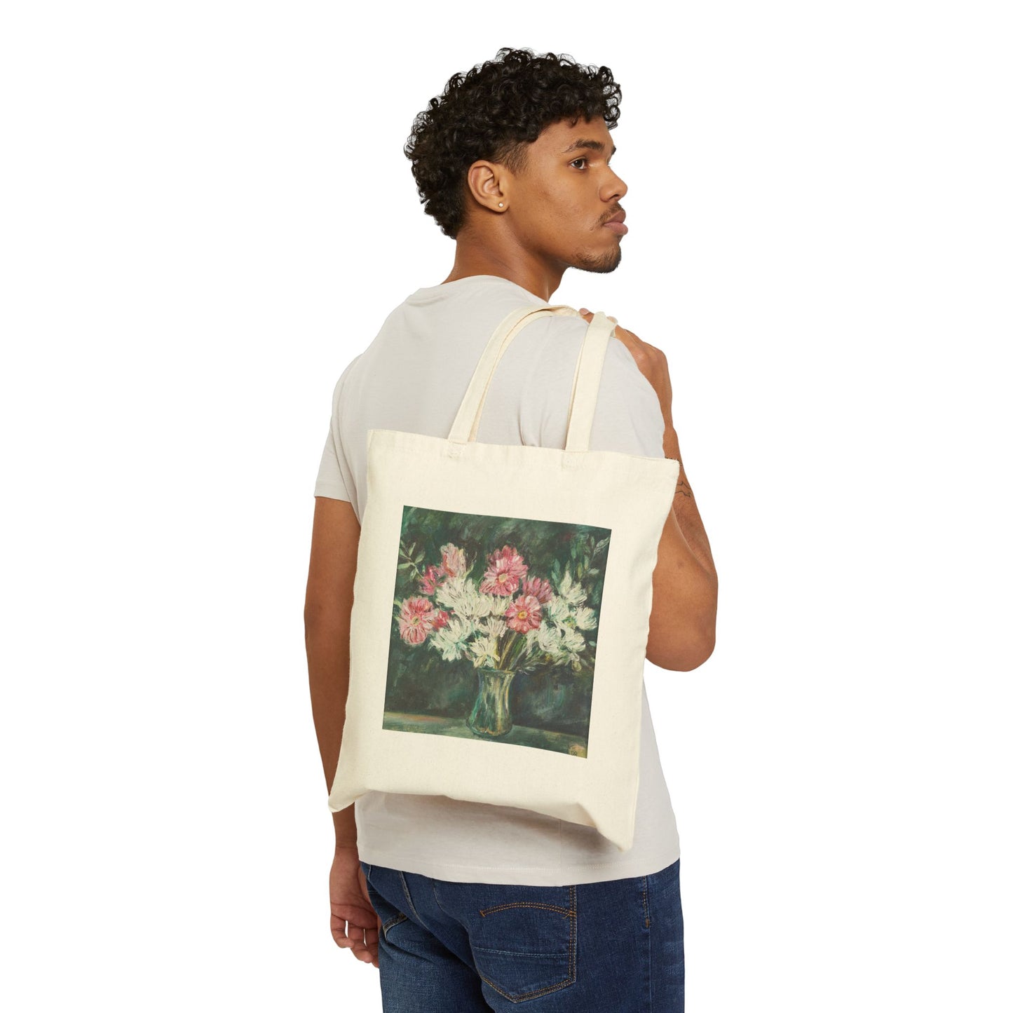 Floral Canvas Tote Bag — Pink & White Bouquet