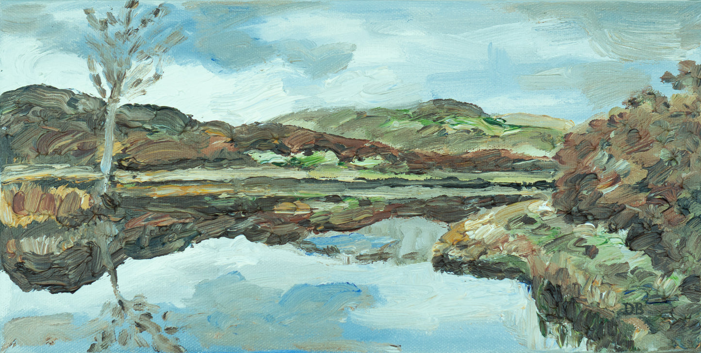 Landscape painting with a lake, trees, and hills under a cloudy sky.