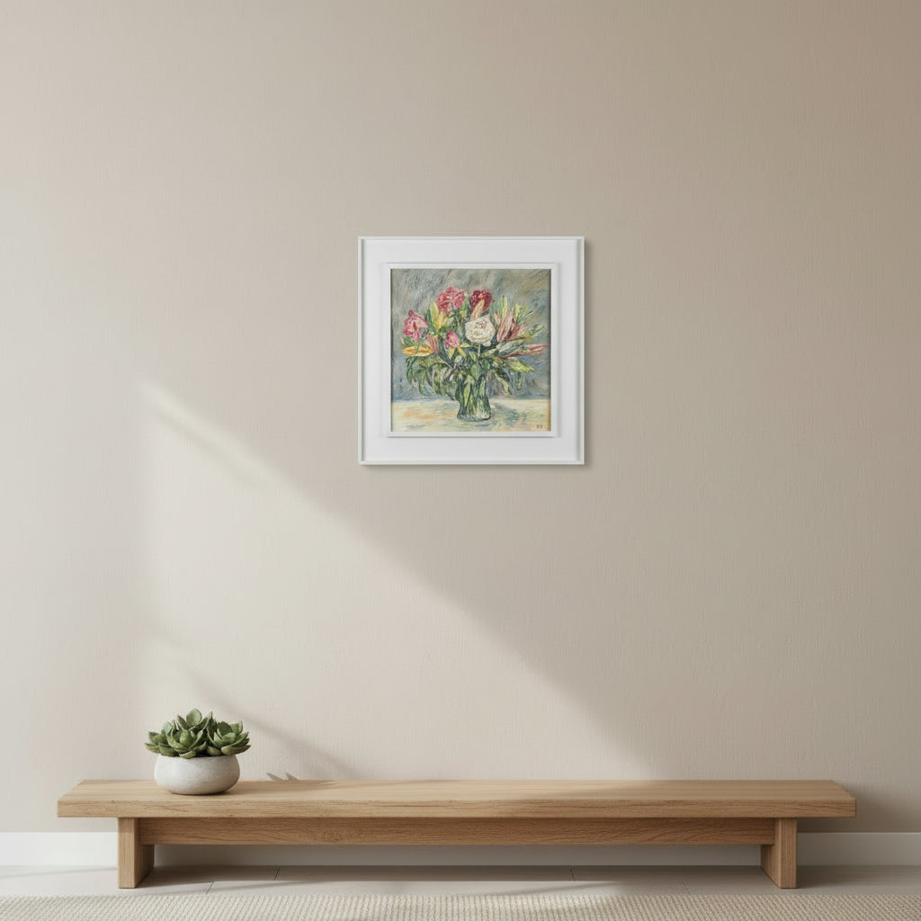 Framed painting of a bouquet of flowers in a glass vase