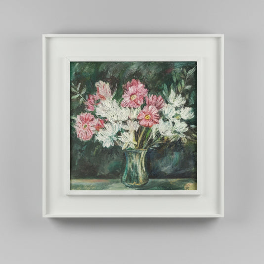 Framed painting of a bouquet of pink and white flowers in a green vase.