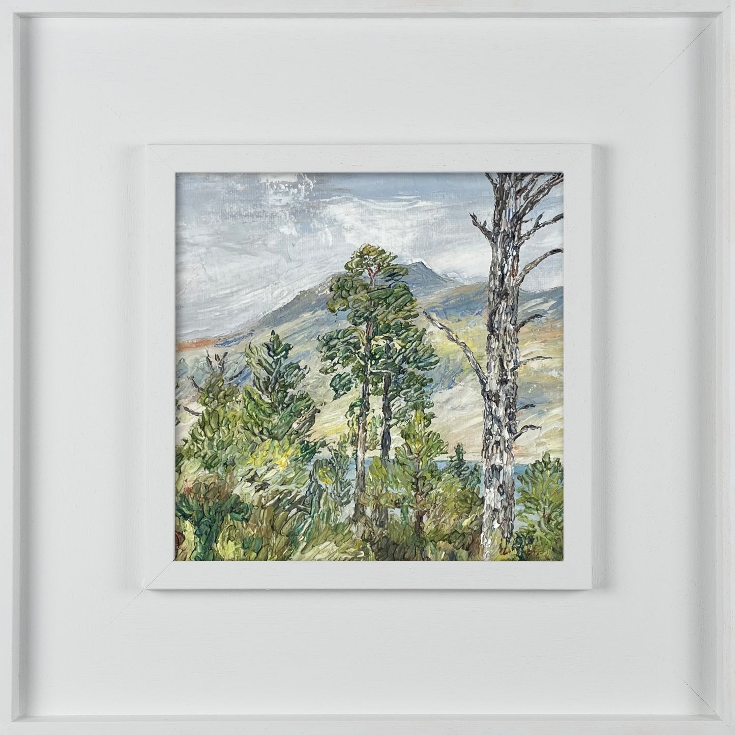 View of Beinn Eighe through pine trees, Scotland – Original Oil Painting