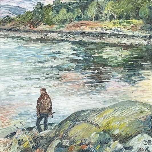 Angler at dusk, Gairloch Harbour, Scotland – Original Oil Painting