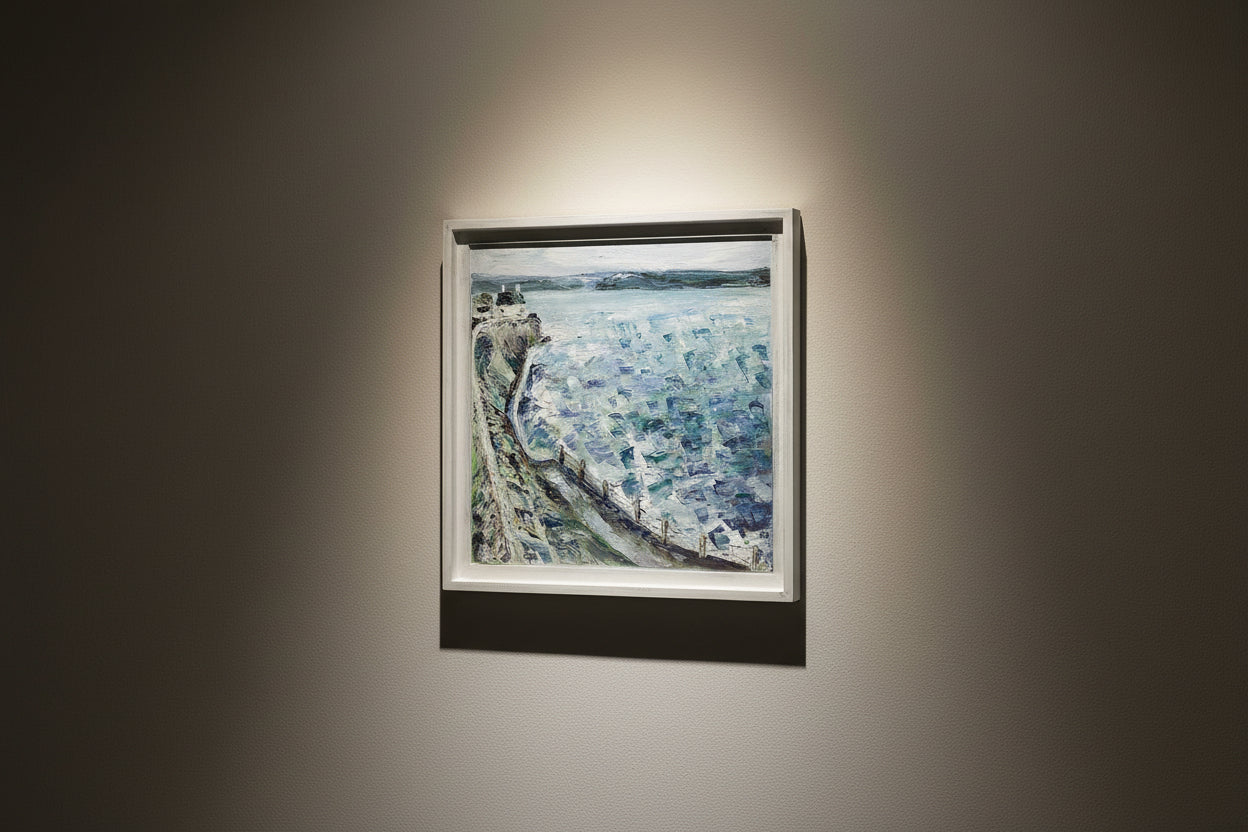 Painting of a coastal scene with a road and ocean.