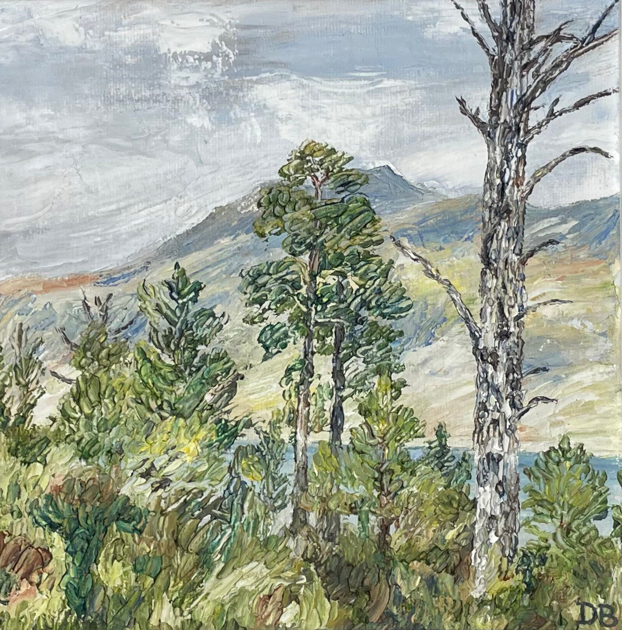 View of Beinn Eighe through pine trees, Scotland – Original Oil Painting