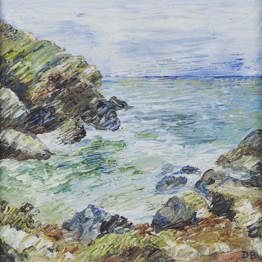 Painting of a coastal scene with rocks and water.