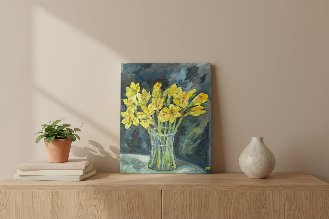 Painting of yellow flowers in a glass vase on a dark background
