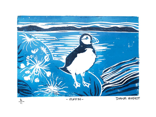 Puffin, linocut print