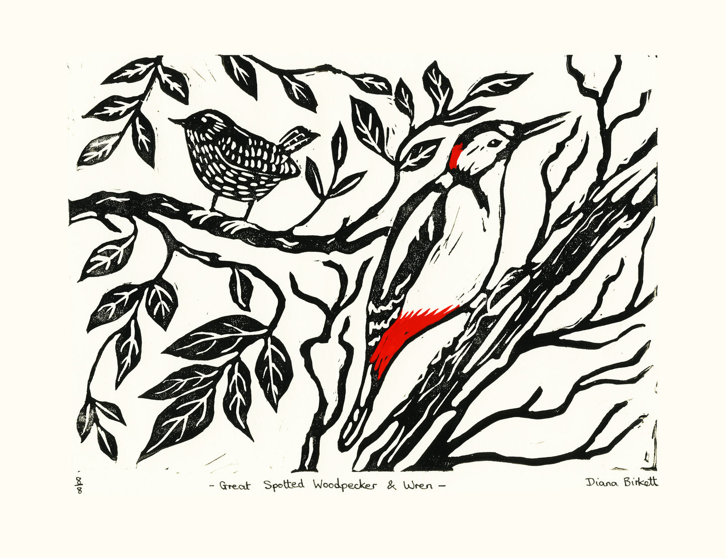 Woodpecker and Wren, linocut print